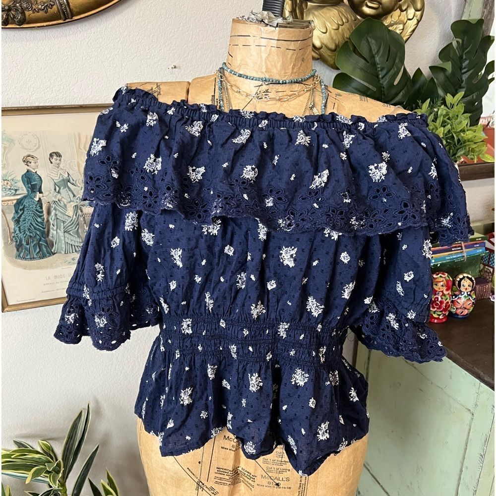 Universal Thread Navy Blue Eyelet Embroidery Floral Ruffle Off Shoulder Blouse S